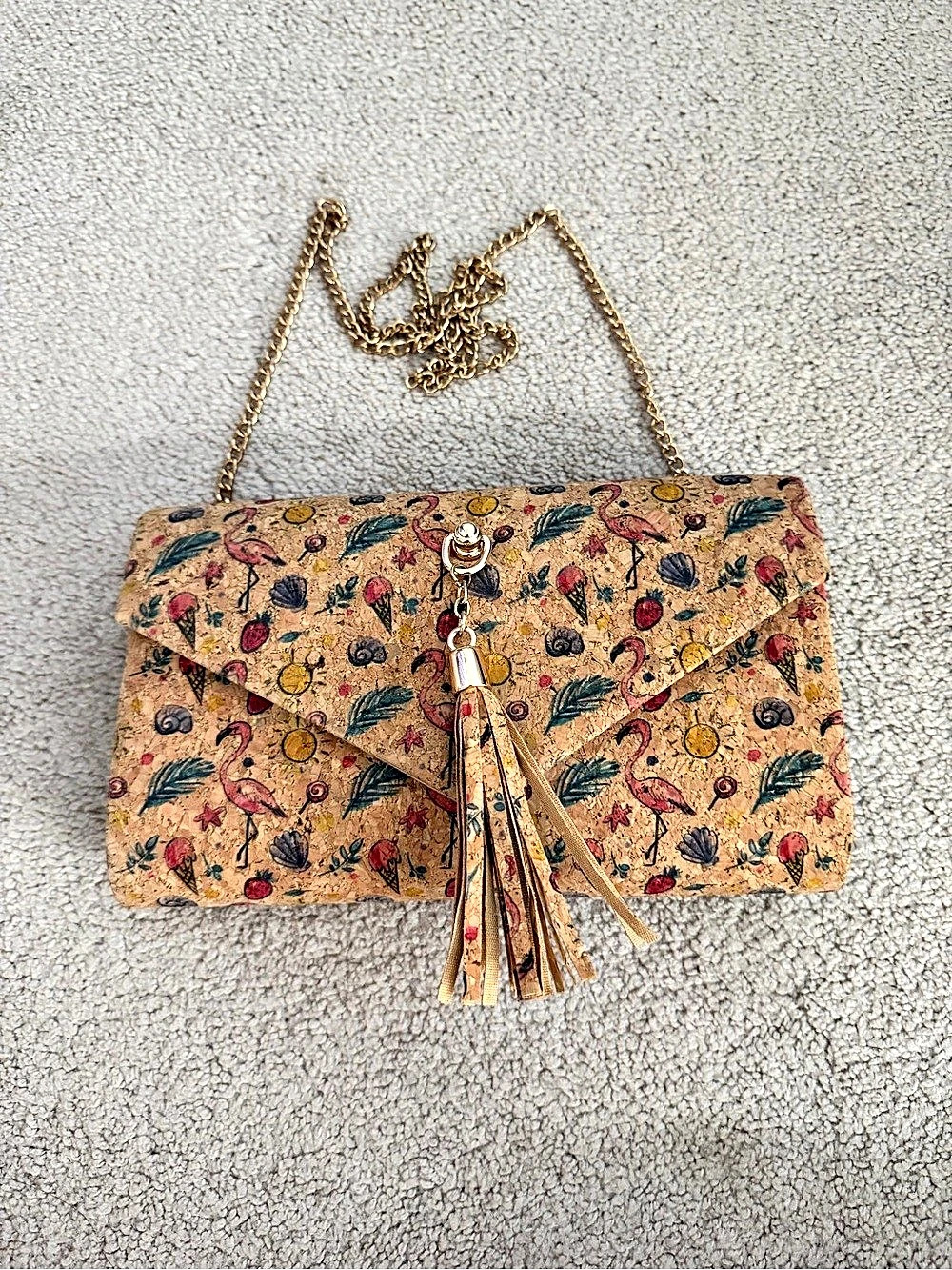 Flamingo Cork Clutch Crossbody Bag Gold Chain Tassel
